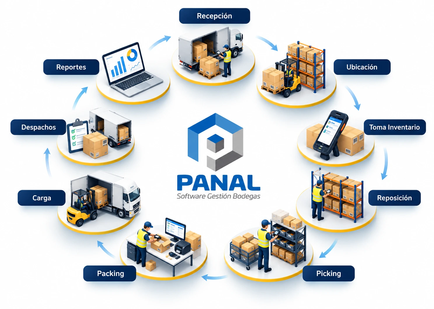 Flujo logístico de PANAL: recepción, ubicación, inventario, reposición, picking, packing, carga, despacho y reportes