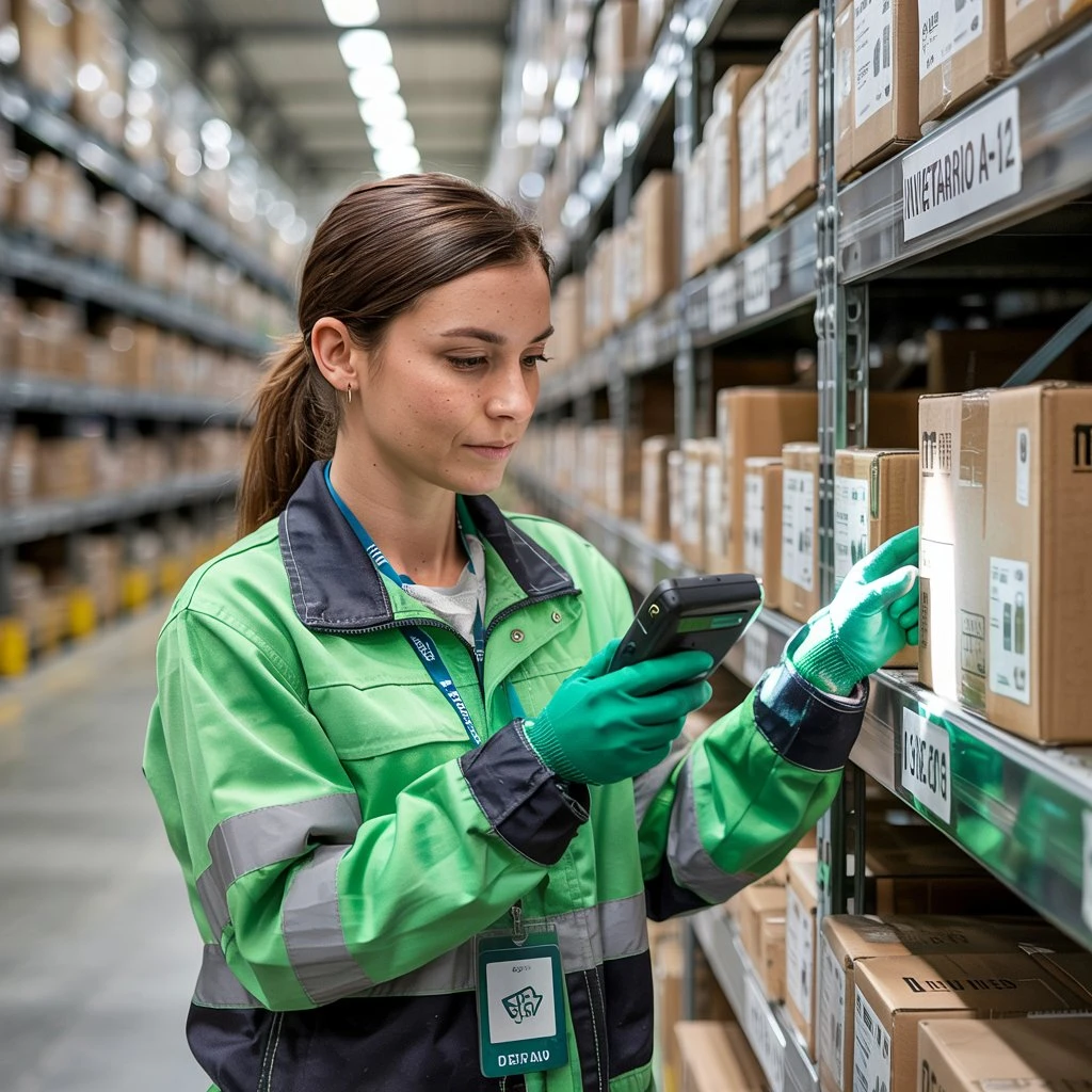 Operaria revisando productos con un capturador en bodega